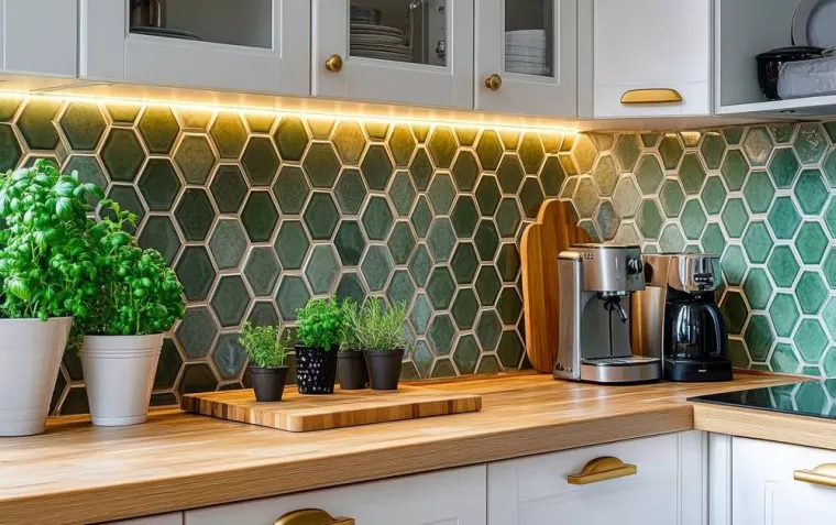 Poser du carrelage décoratif vert et blanc dans une cuisine ouverte sur séjour, Vergèze, GH Carrelage Expert